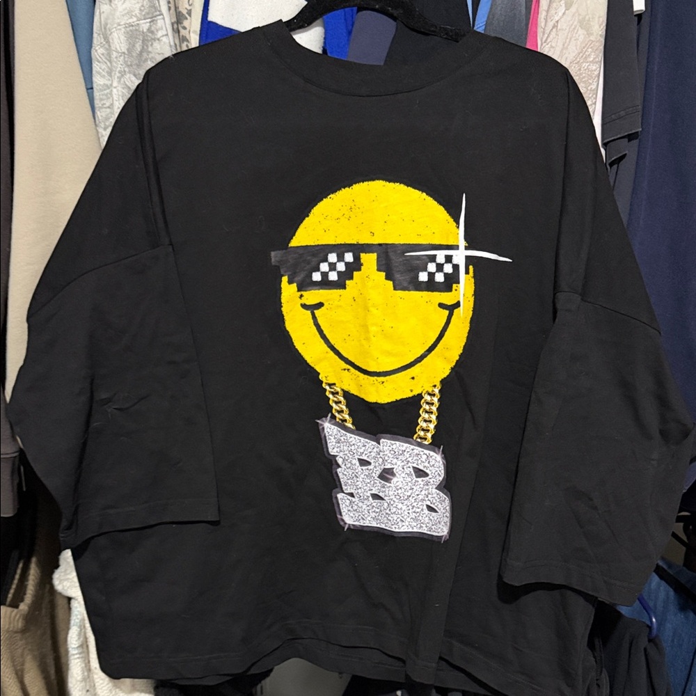 Black Graphic Tee with Yellow Smiley Face